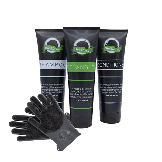 BioMane Grooming Bundle (1 Shampoo, 1 Conditioner, 1 Detangler, 1 Pair Grooming Gloves)